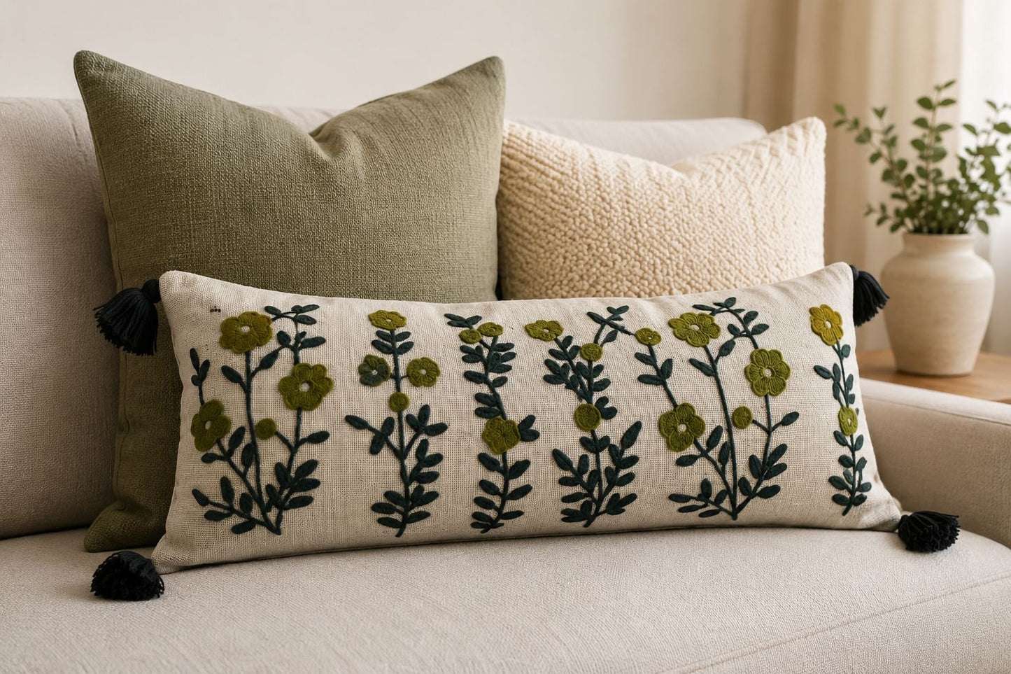 Olive Bliss Embroidered Lumbar Cushion - 14*36