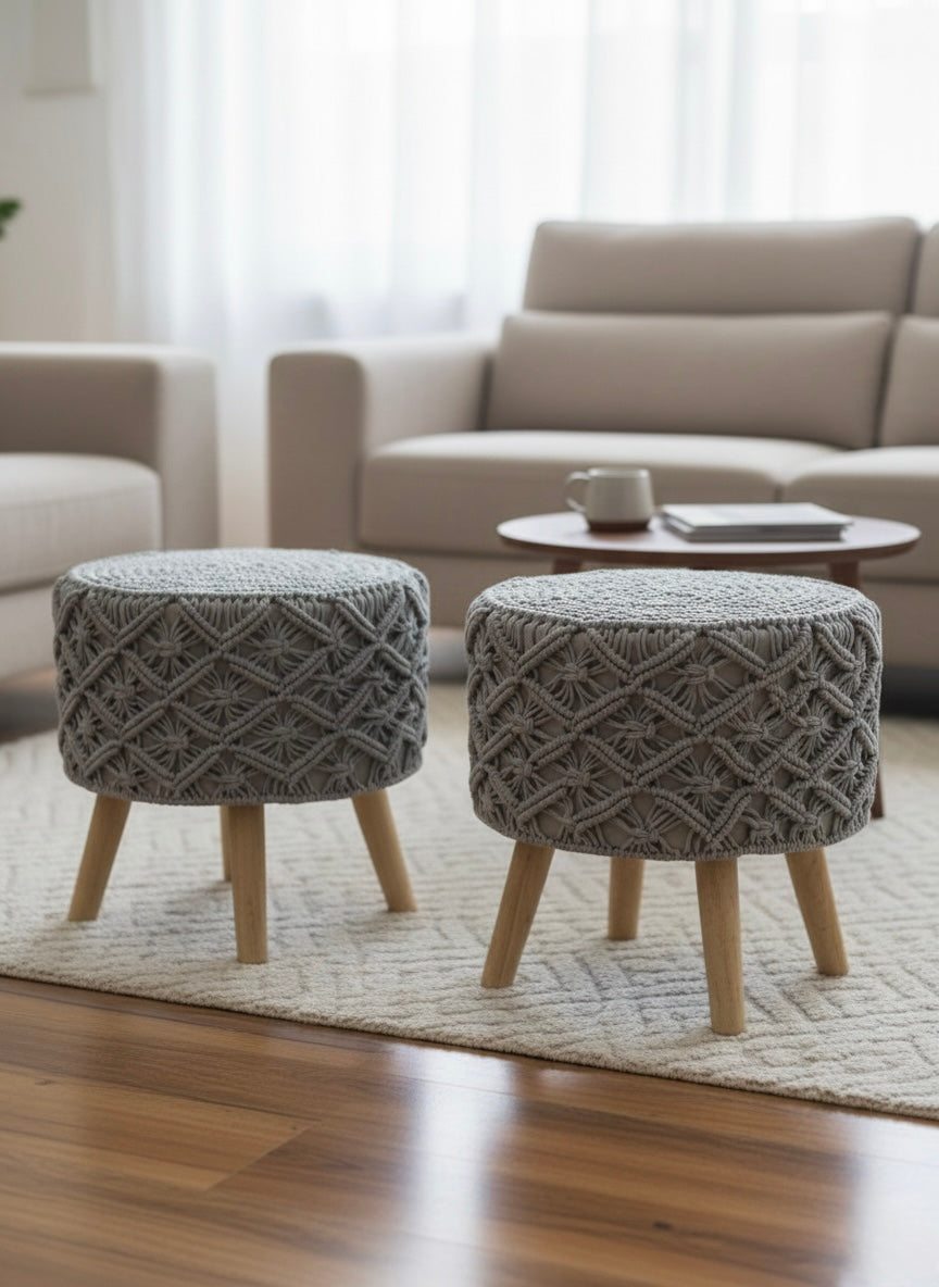 Light Grey Macrame Ottomans (Pair) 16 inches Height