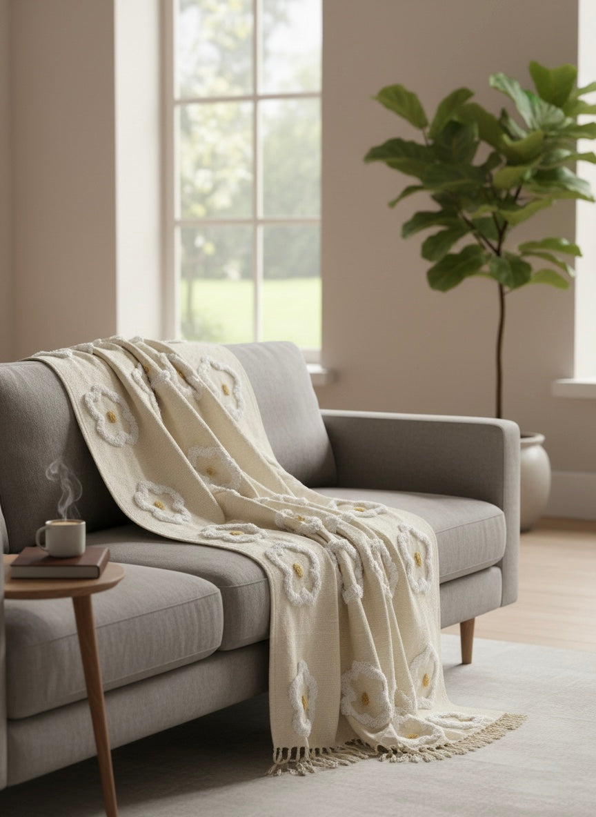 Beige White Flower Tufted Sofa Throw