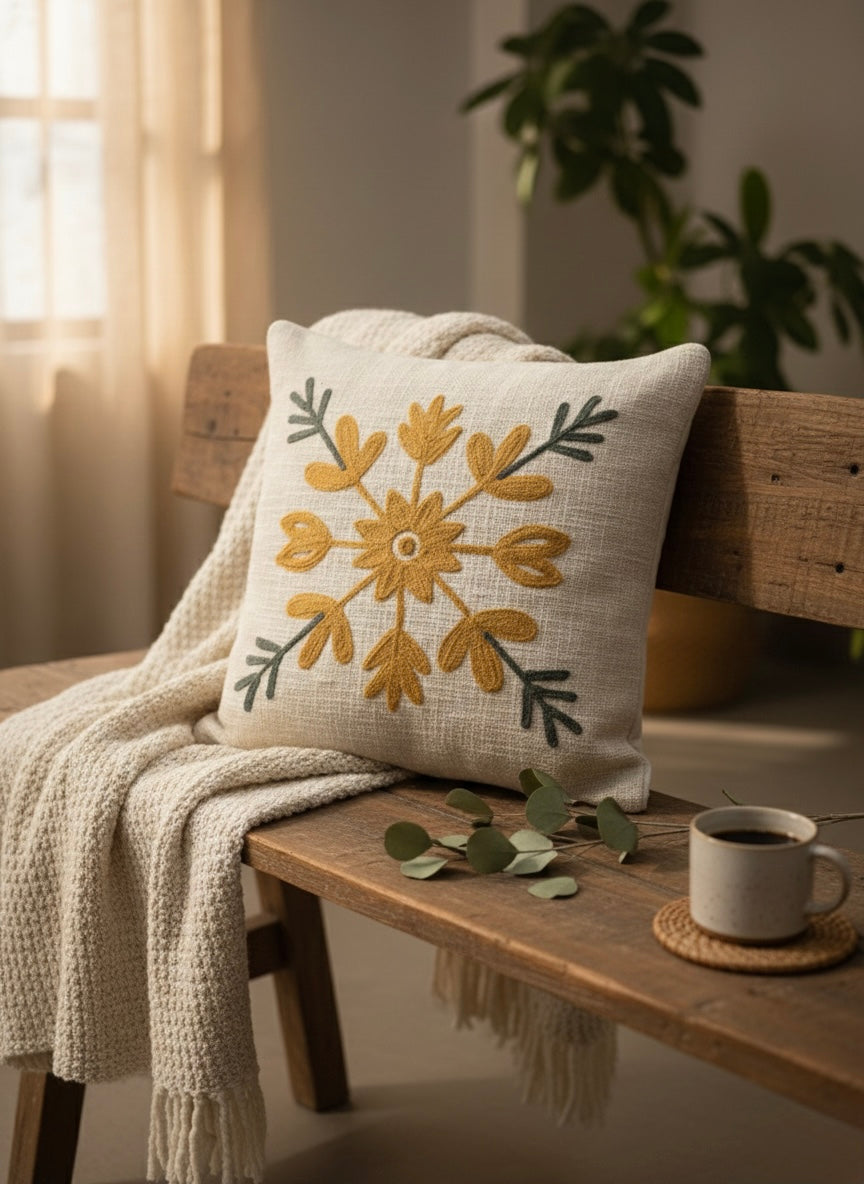 Mustard Grey Embroidered Cushion Cover 16*16