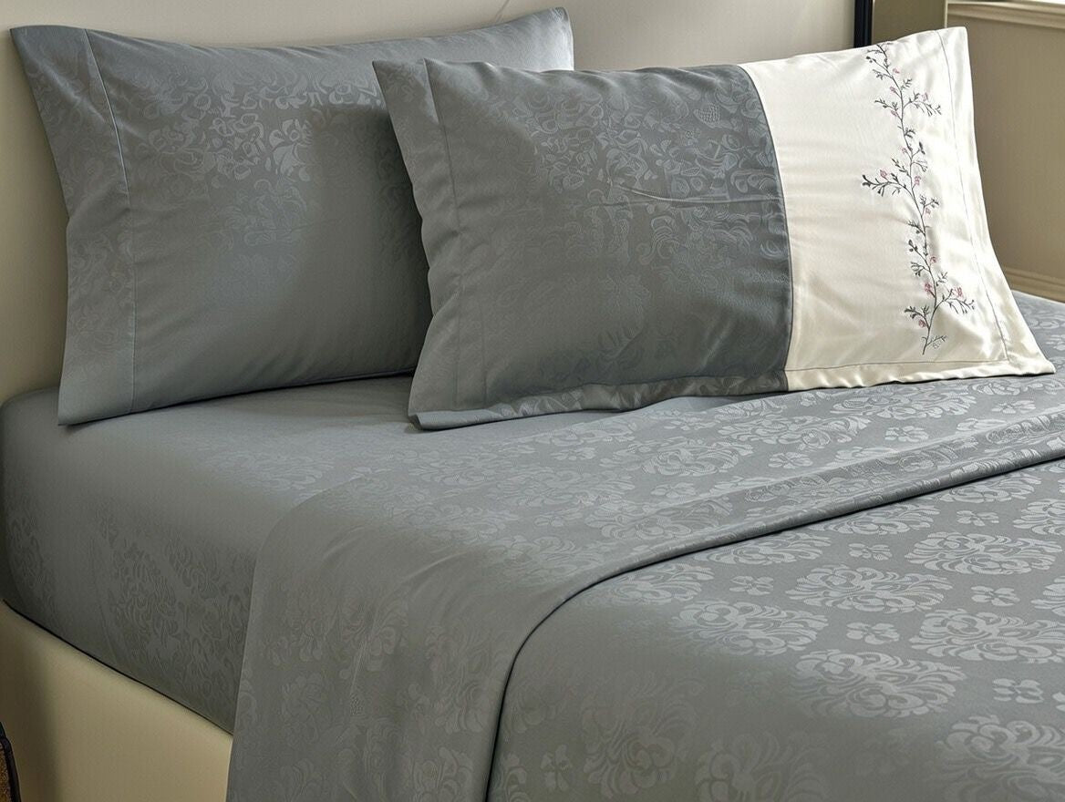 Grey Bliss Embroidered Bedsheet – King Size Luxury (108×108 inches)