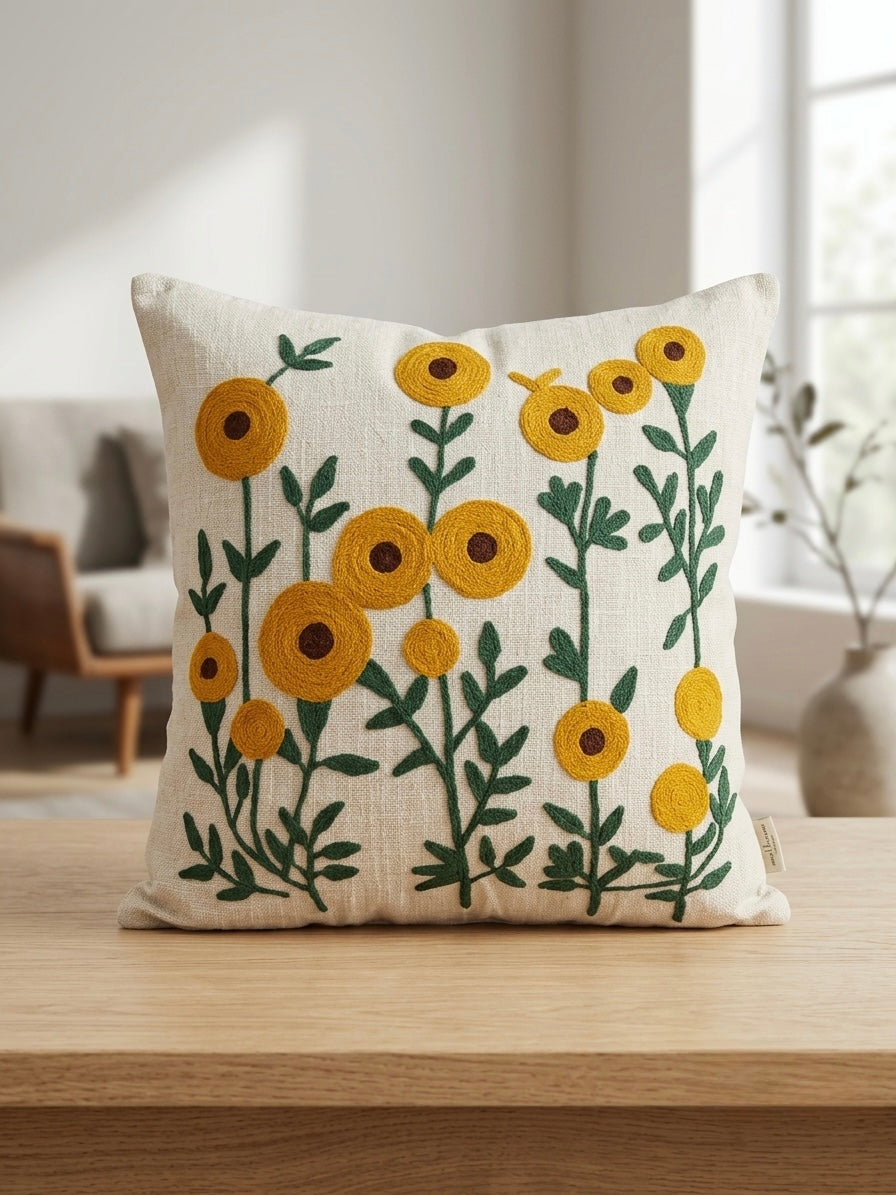 Sunflower Plant Embroidered Cushion Cover 24” x 24”