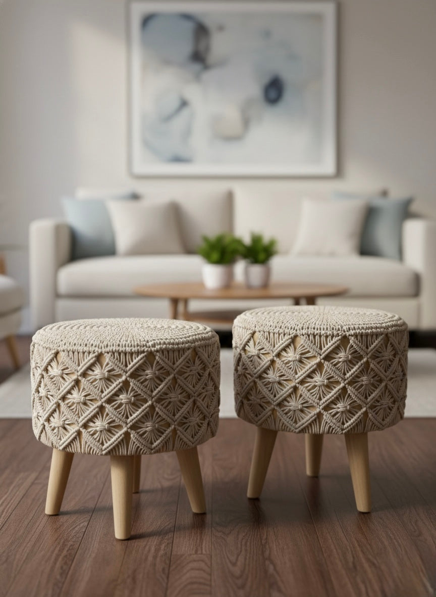 Beige Macrame Ottoman Pair 16 Inches Height