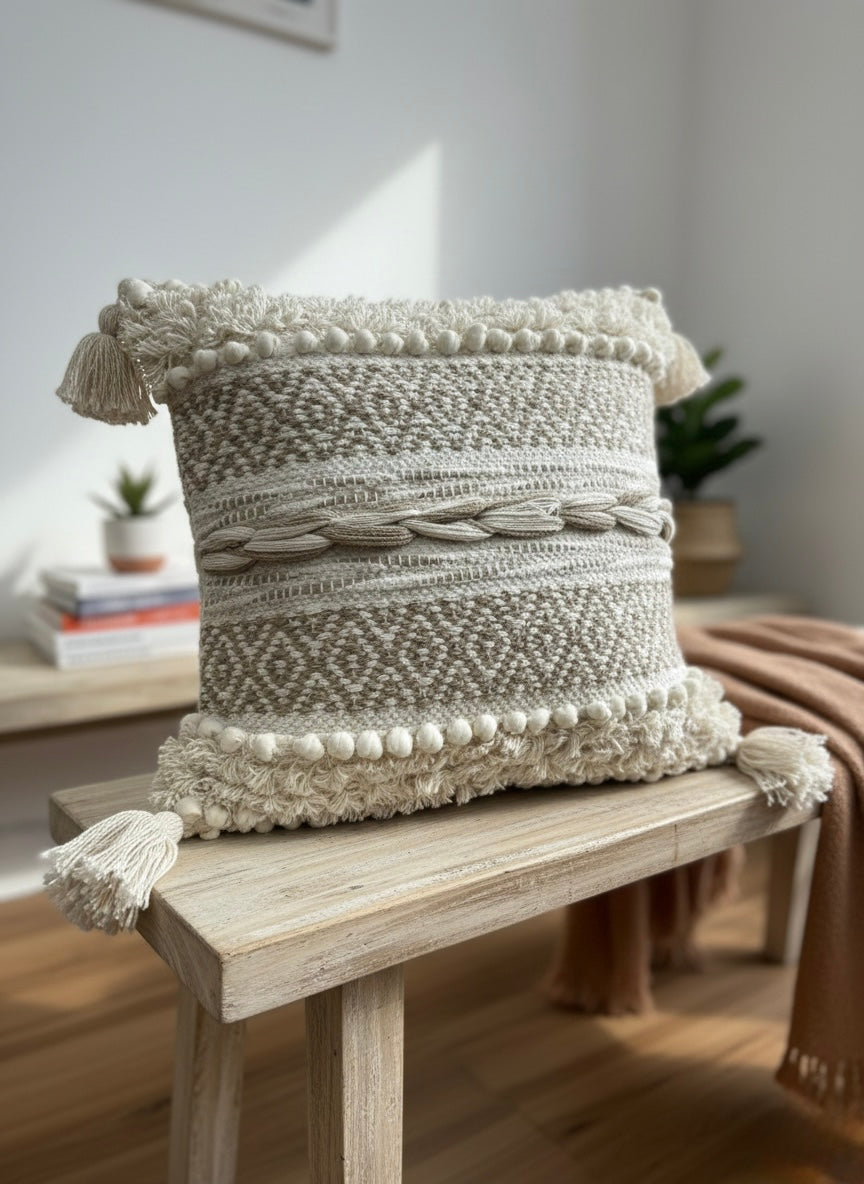 Beige Knotted Boho Cushion Cover