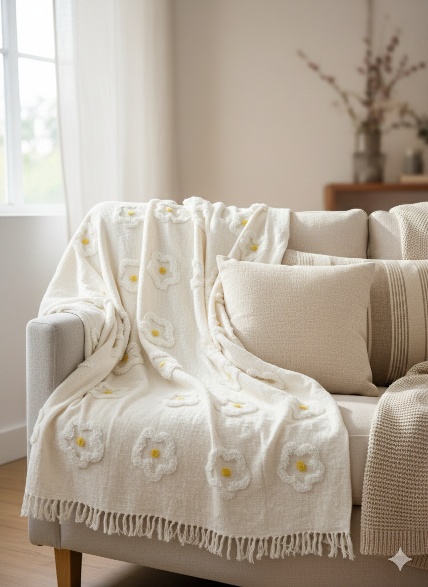 White Flower Tufted Sofa Throw
