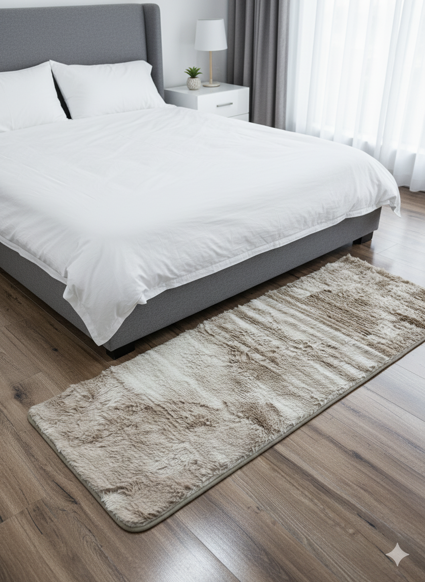 Beige Rabbit Fur Bedside Runner