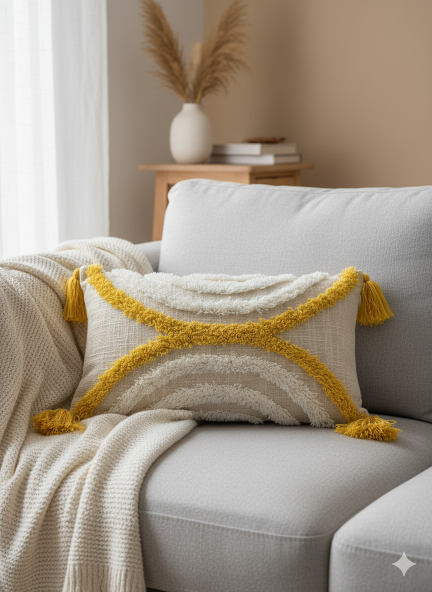 Mustard & White Vertical Tufted Cushion Cover 12"x20"