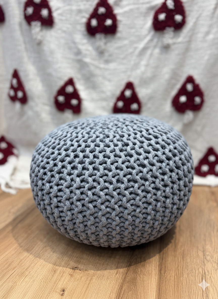 Light Grey Macrame Pouf