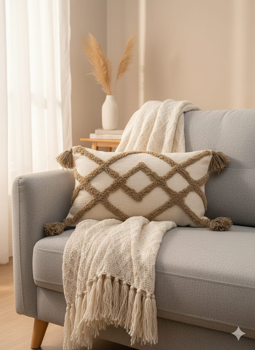 Beige Cross Tufted Cushion Cover 12"x20"