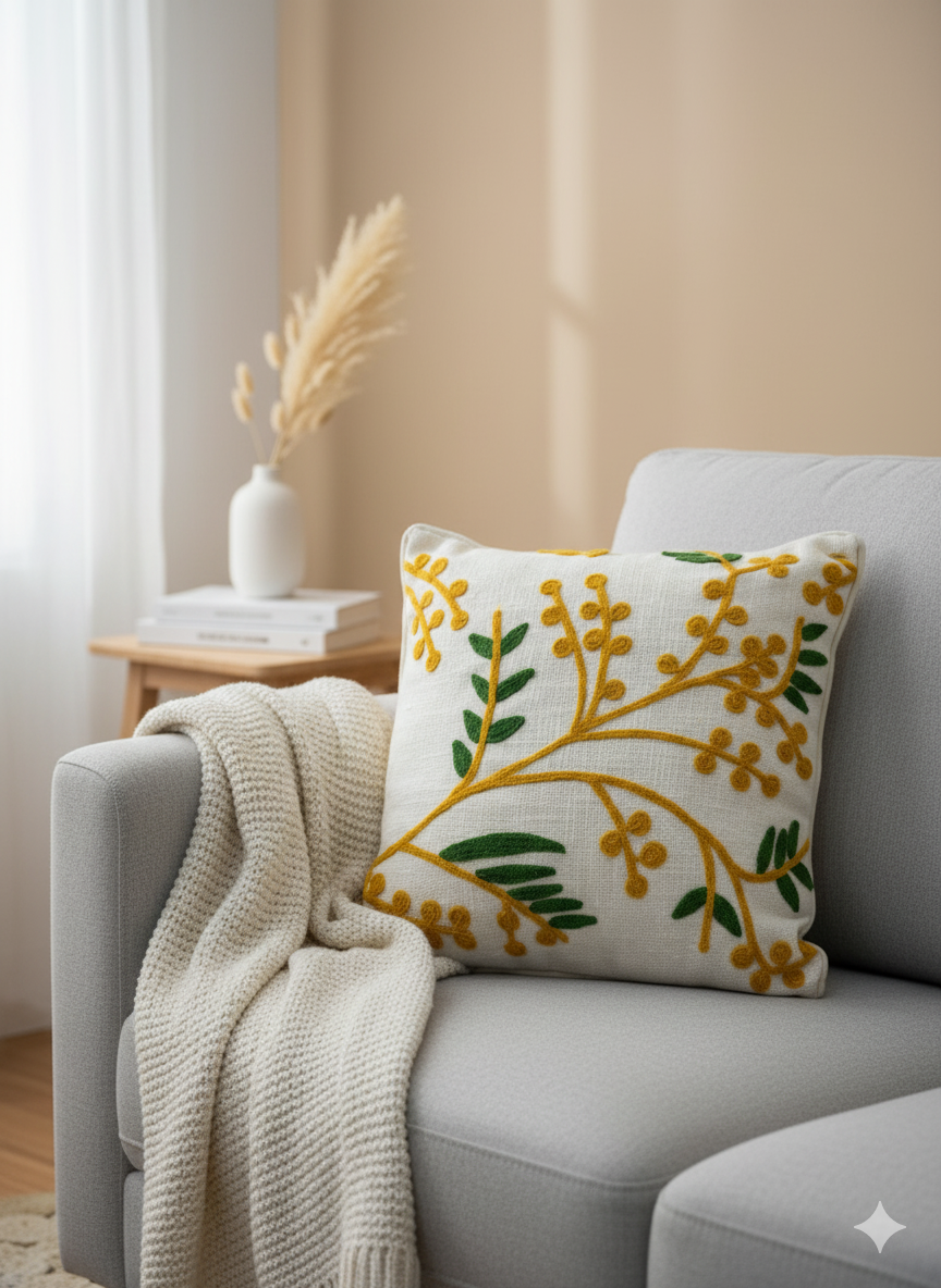 Mustard Green Embroidered Cushion Cover