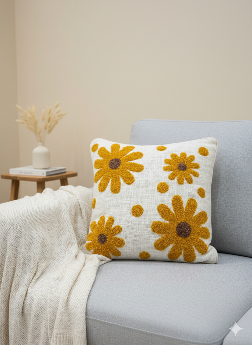 Mustard Flower Embroidered Cushion Cover
