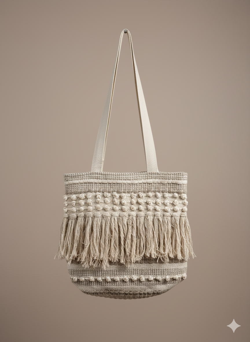 Beige Frill Boho Tote Bag