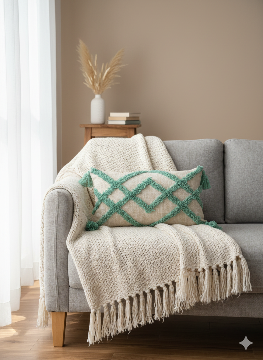 Aqua Blue Zigzag Tufted Cushion Cover 12x20