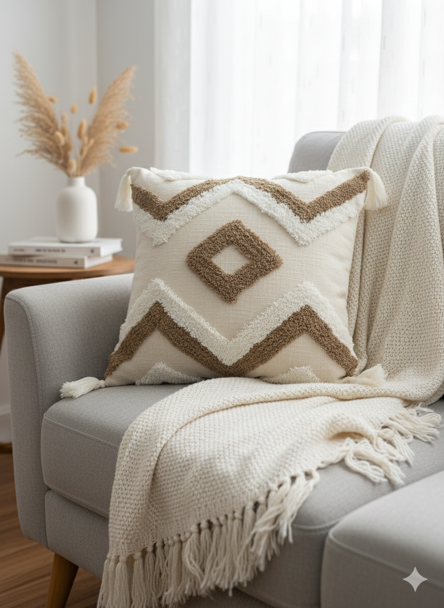 Beige & White Tufted Cushion Cover 24"x24"