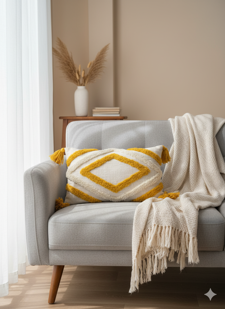 Mustard & White Diamond Tufted Cushion Cover 12x20