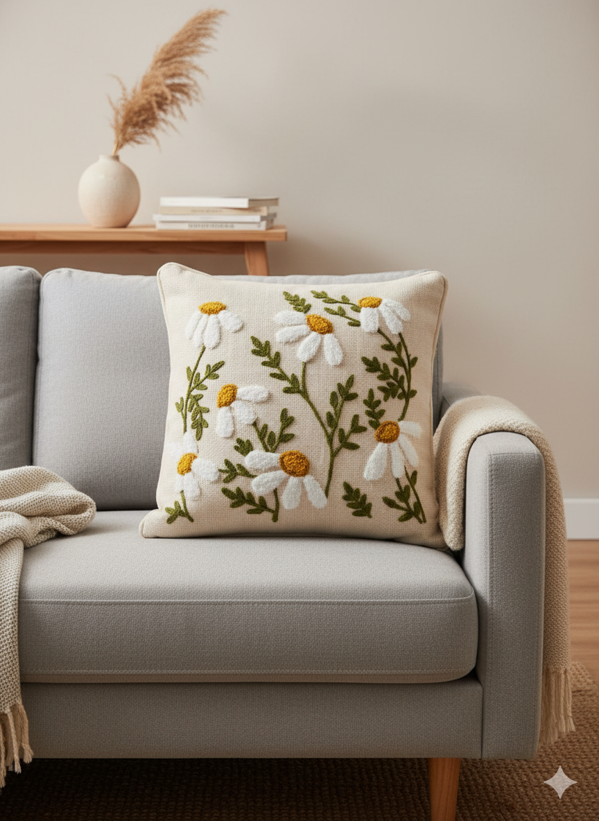 Green & White Tree Embroidered Cushion Cover