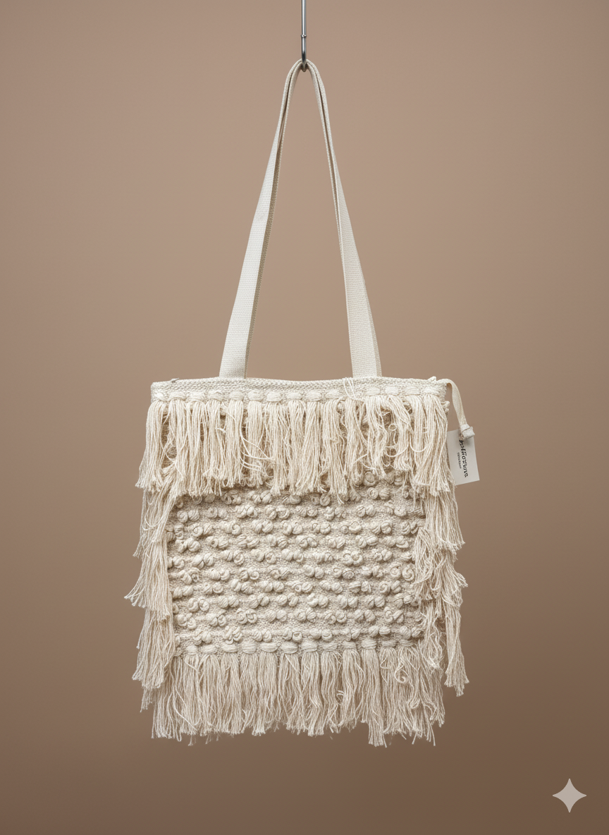 Beige & White Frill Boho Tote Bag