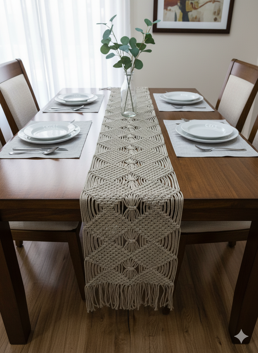 Beige Macrame Table Runner
