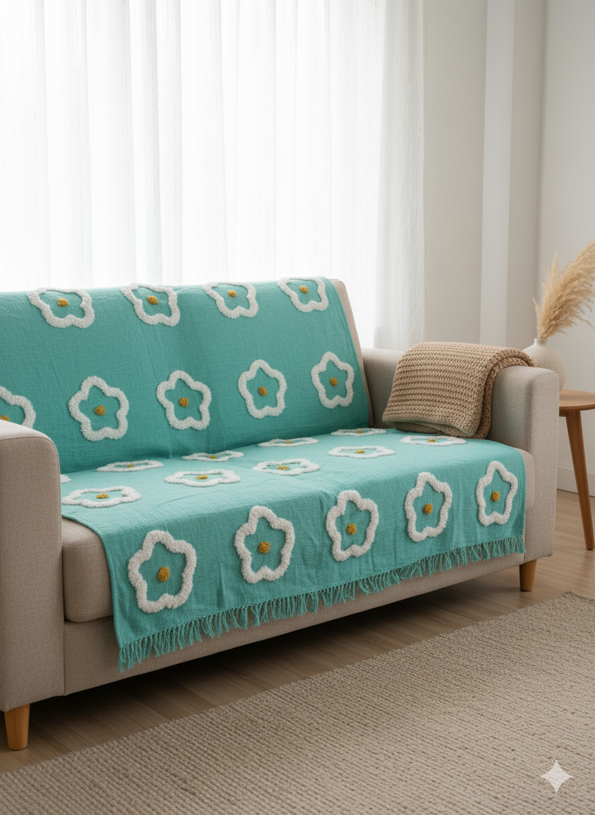Teal Green Flower Tufted Sofa Throw