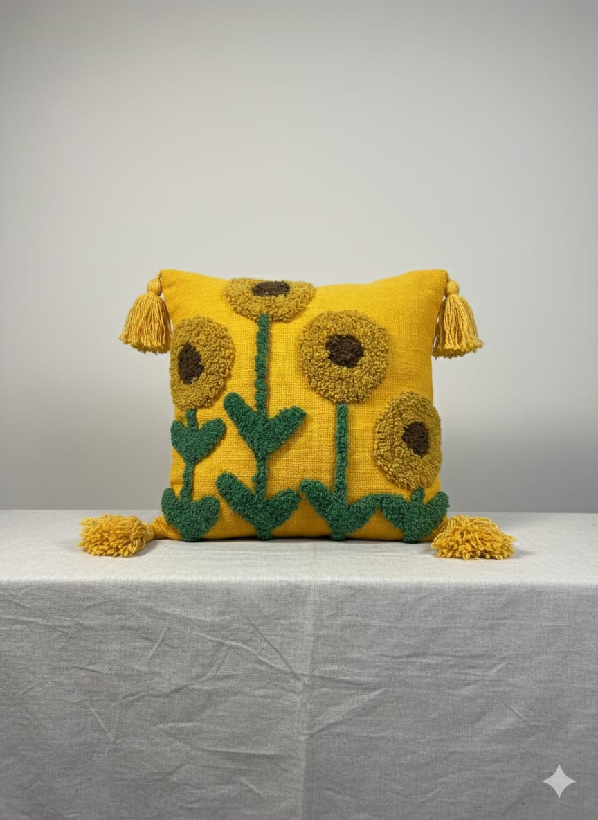 Mustard Sunflower Tufted Cushion Cover