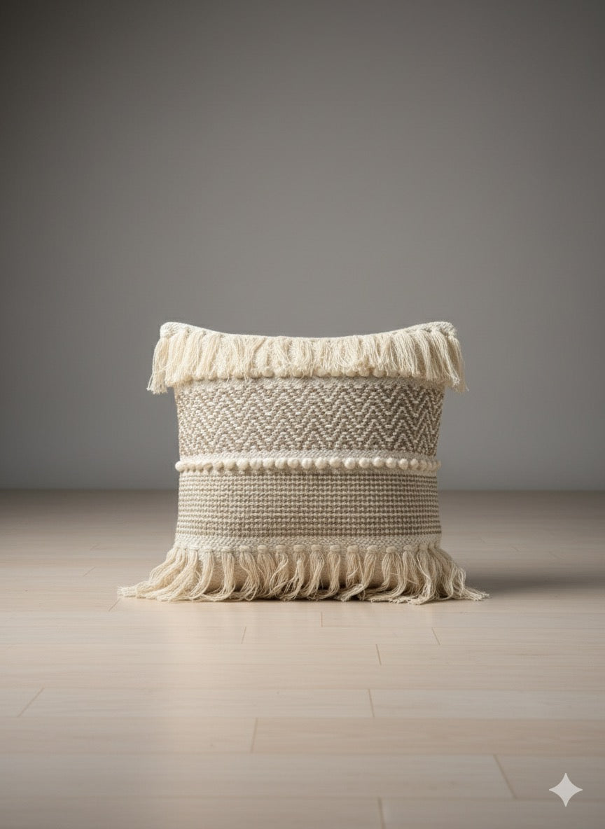 Beige Zigzag Frill Boho Cushion Cover
