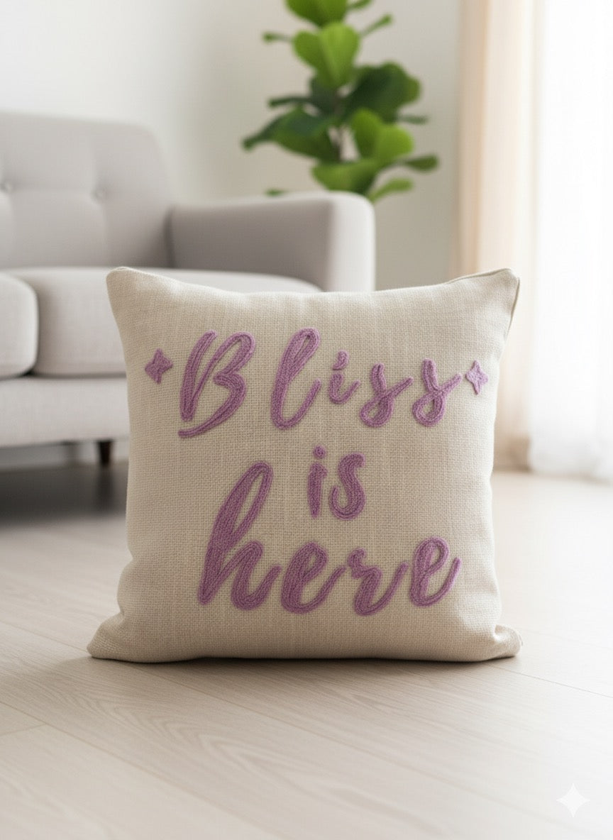 Bliss is Here” Aari Embroidery Cushion Cover