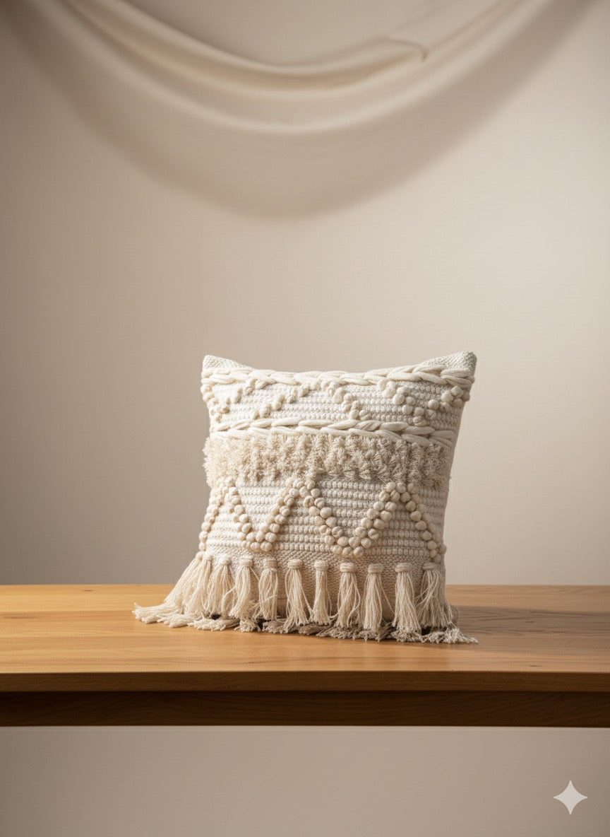 White Frill Cross Boho Cushion Cover – 16x16 inches