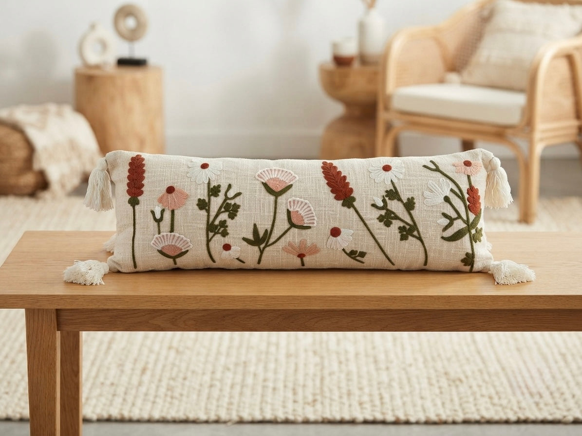 Fern & Flora Embroidered Lumbar Cushion - 14*36