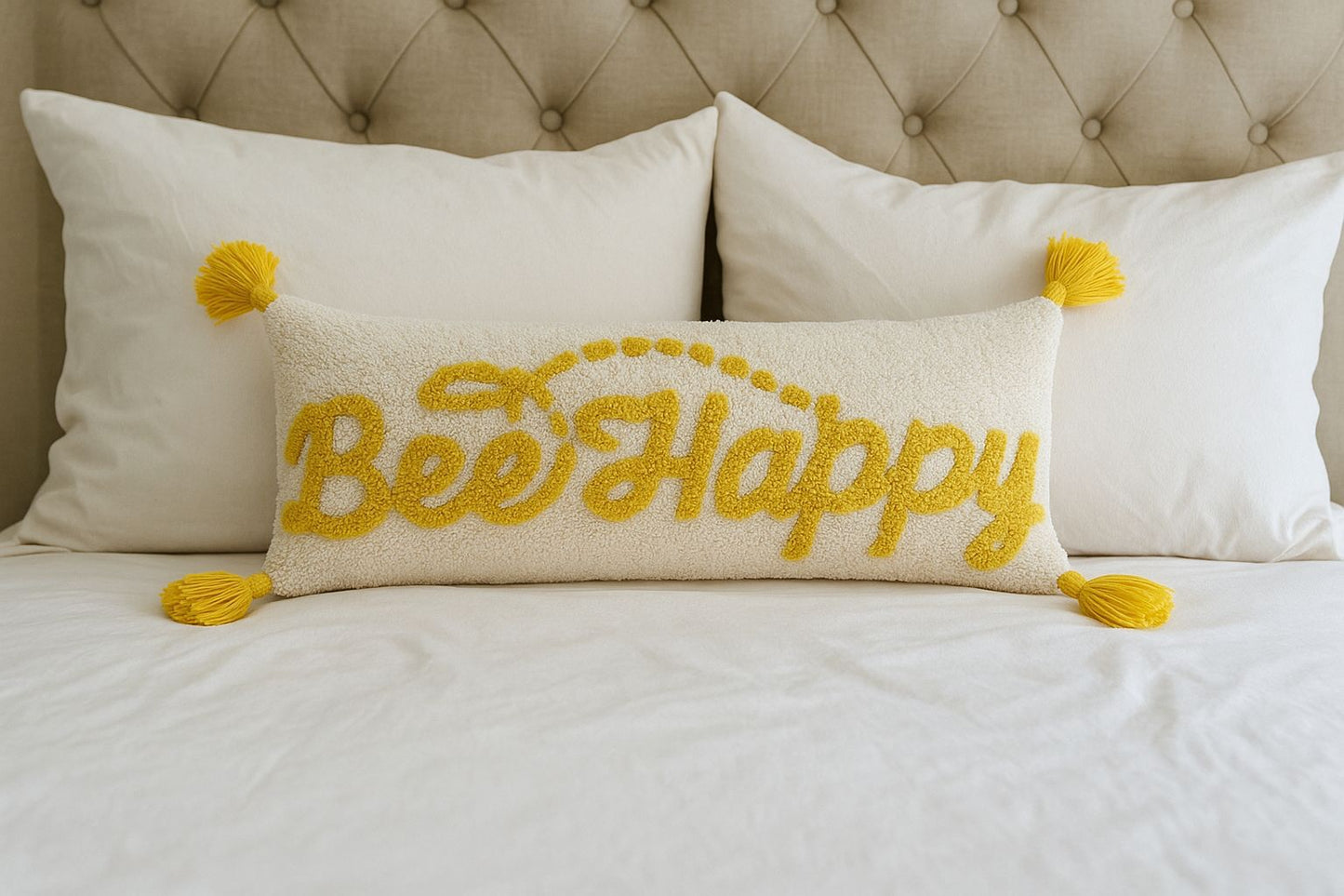 Fully Tufted "Be Happy" Lumbar Cushion