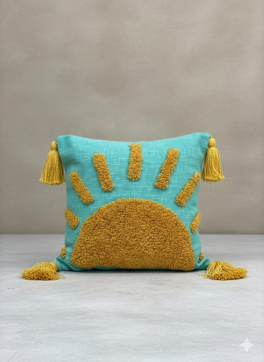 Teal Sunrises Tufted Cushion Cover