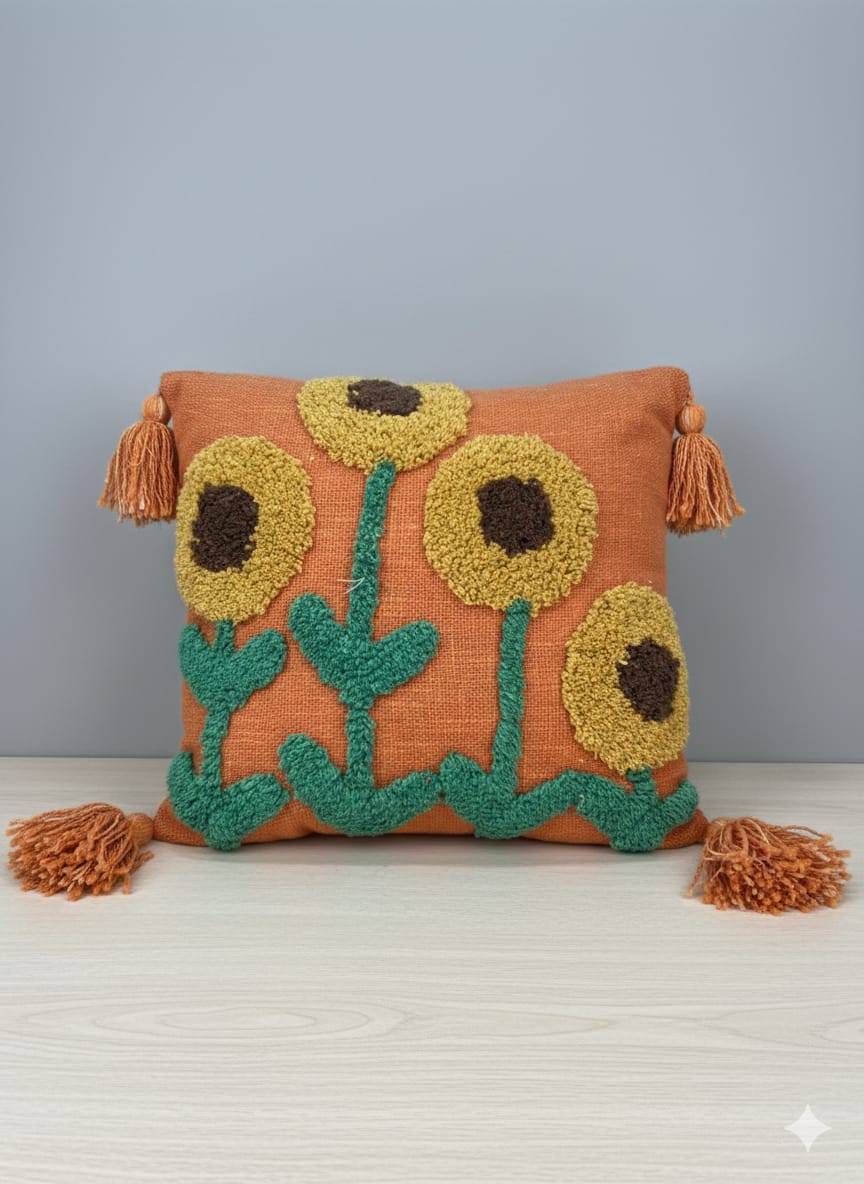 Rust Sunflower Tufted Cushion Cover