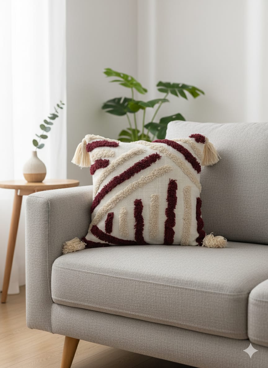 maroon white tufted cushion cover