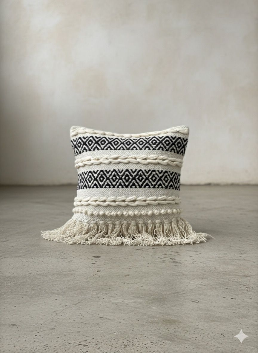 Black Boho Frill Cushion Cover