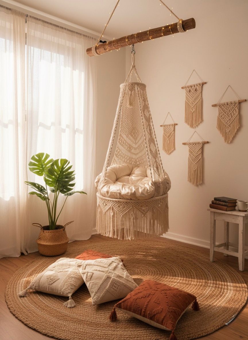Natural Macramé Swing with Cushion