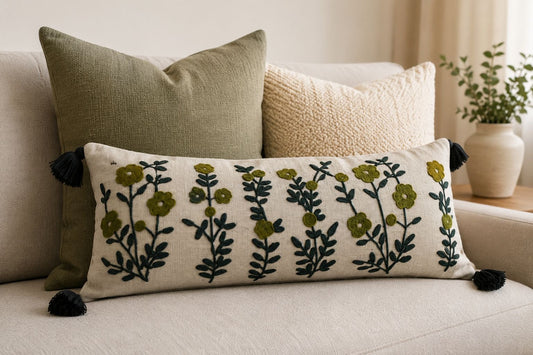 Olive Bliss Embroidered Lumbar Cushion - 14*36