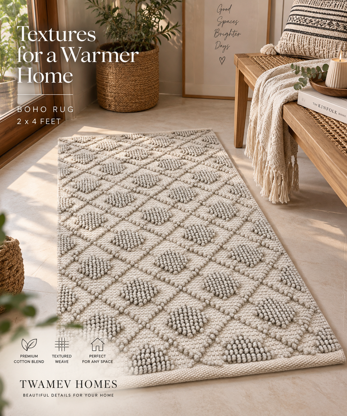 Ivory Textured Boho Diamond Rug (2*4 Feet)
