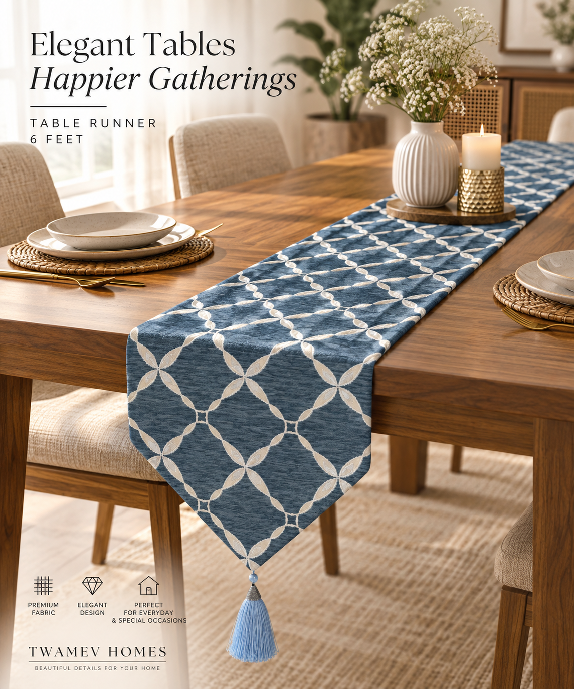 Blue Geometric Lattice Table Runner with Tassel (14*72 inches)
