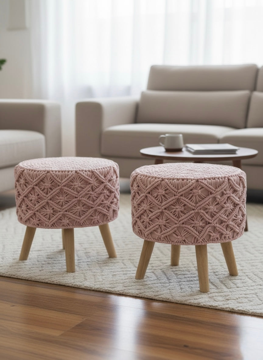 Baby Pink Macrame Ottomans (Pair) – 16 inches Height