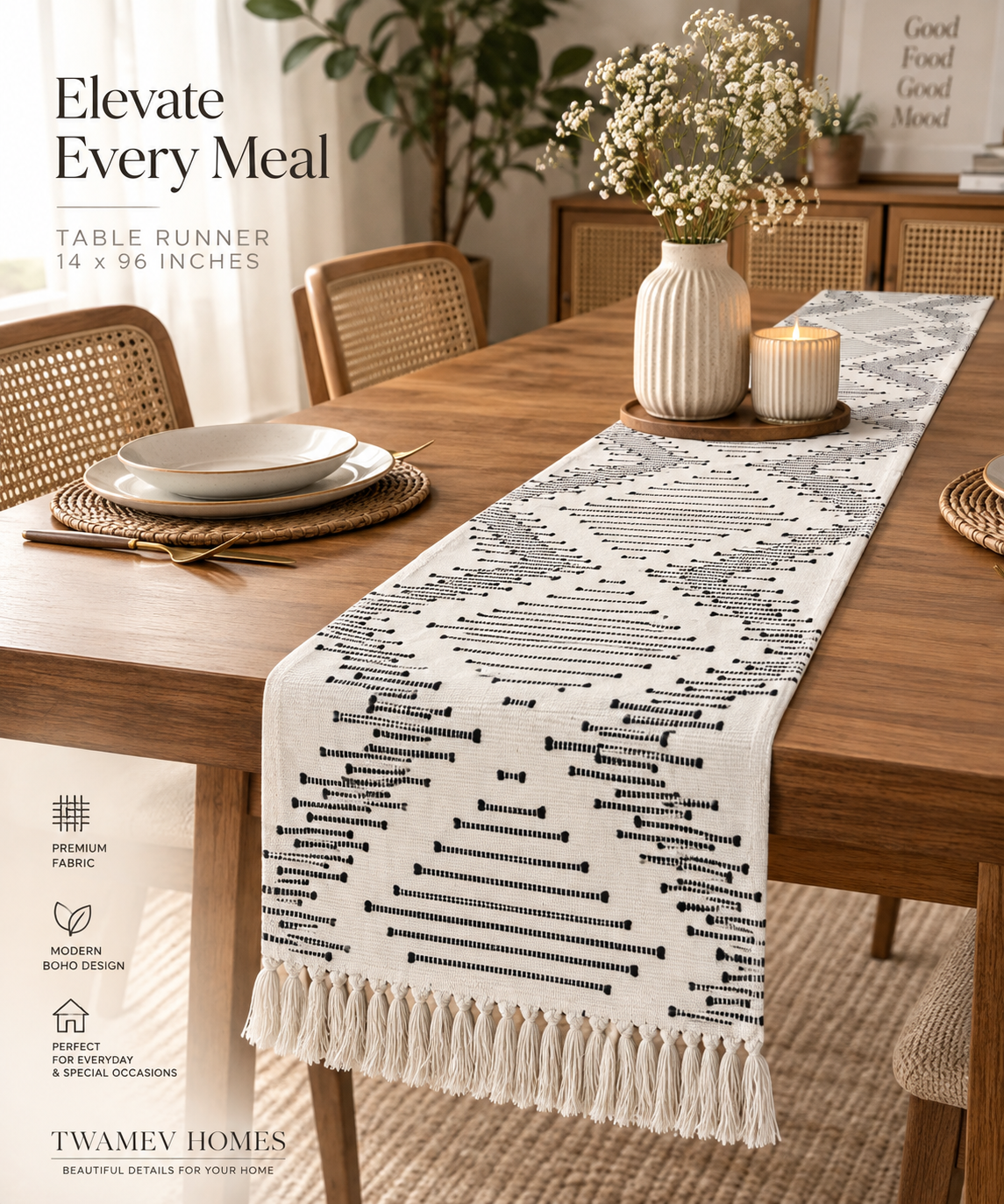 Boho Table Runner with Tassel – 14 × 96 Inches