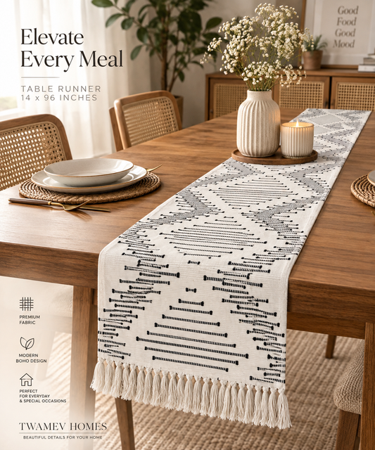 Boho Table Runner with Tassel – 14 × 96 Inches