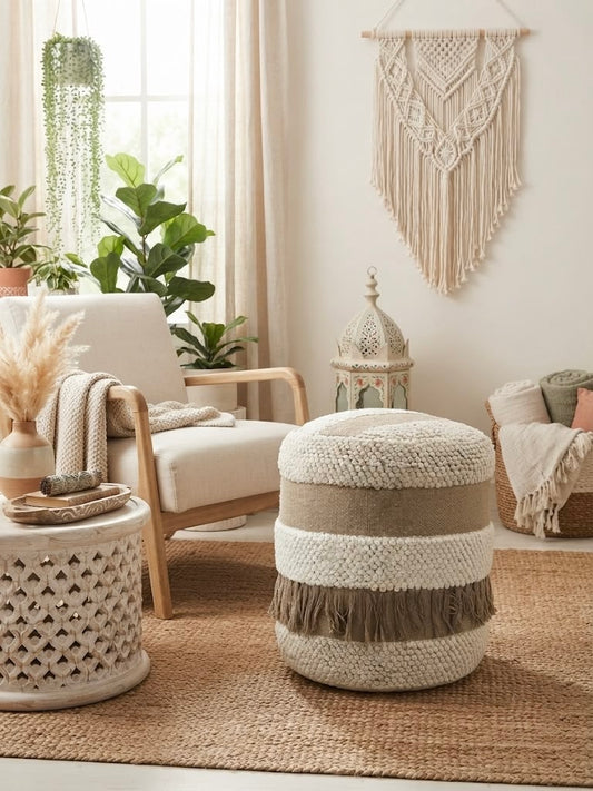 Beige Frill Boho Sitting Pouf