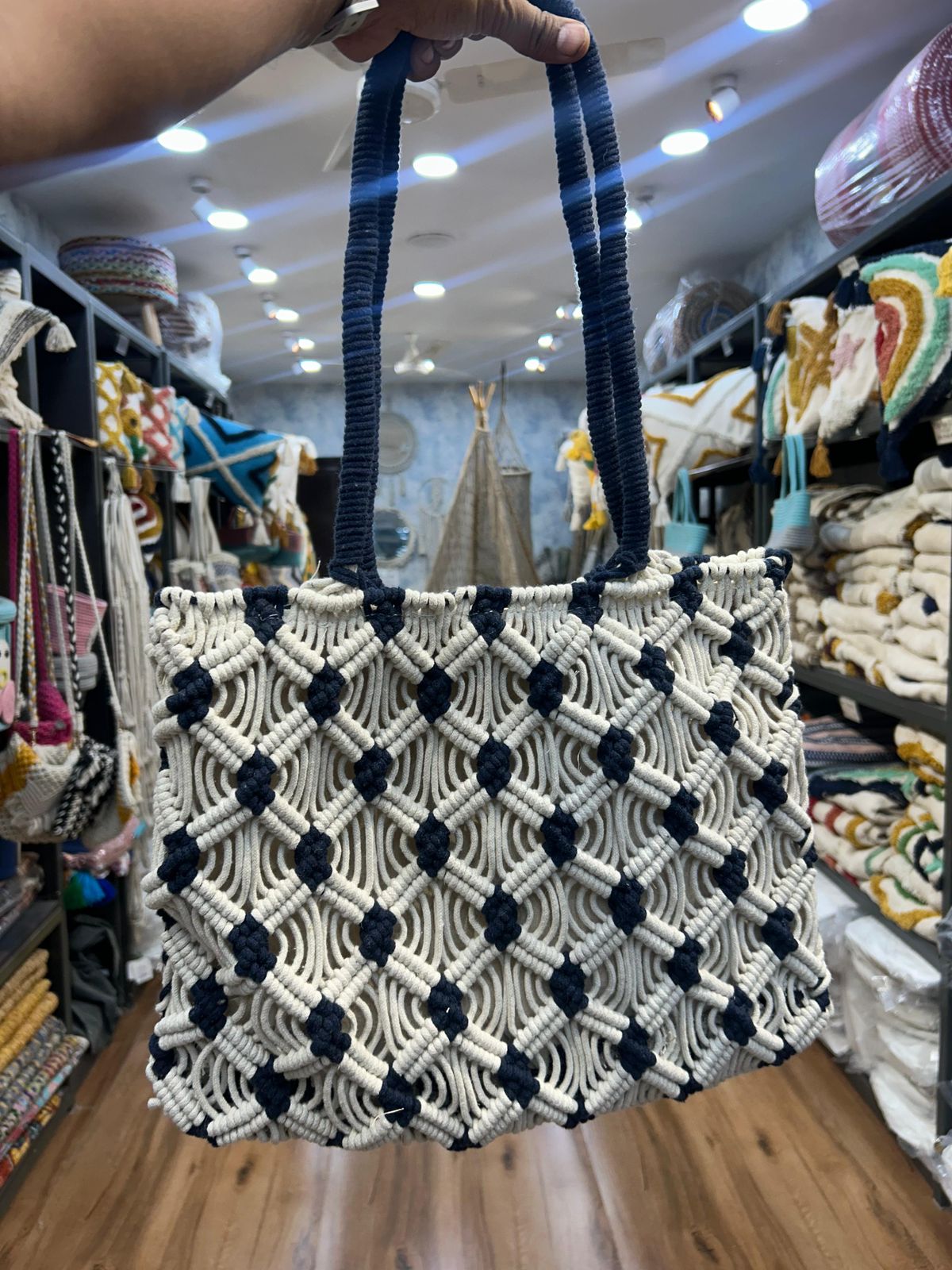 Navy Blue Macrame Tote Bag