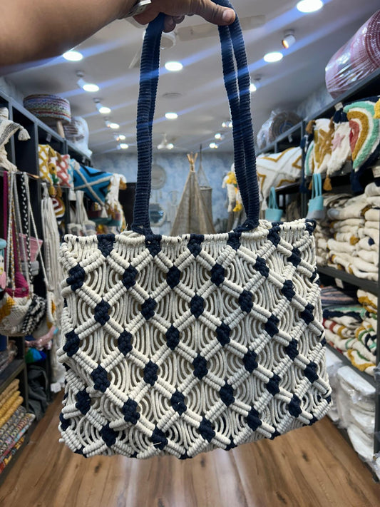 Navy Blue Macrame Tote Bag