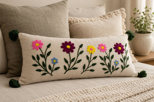 Daisy Embroidered Lumbar Cushion - 14*36