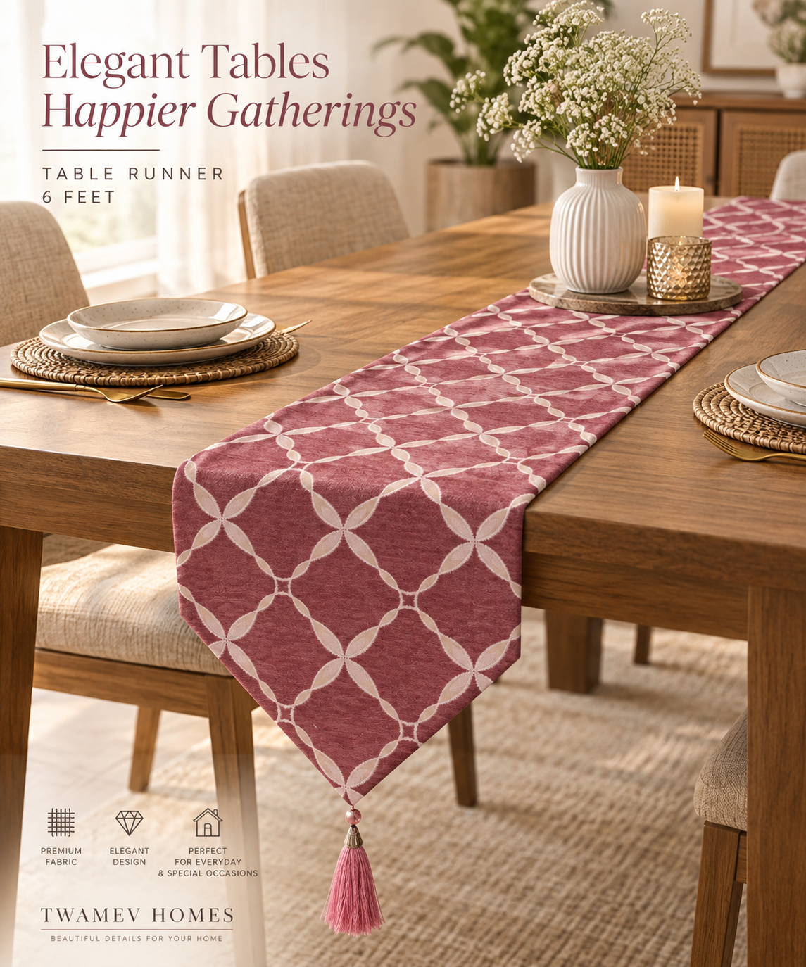 Maroon Geometric Lattice Table Runner with Tassel (14*72 inches)