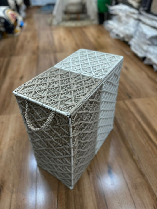 Beige & White Macrame Laundry Basket 20 x 10 x 20