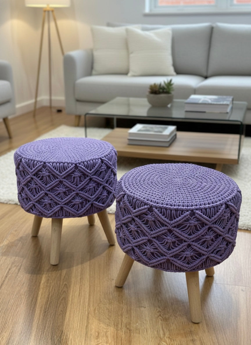Lavender Macrame Ottomans Pair 16 Inches Height