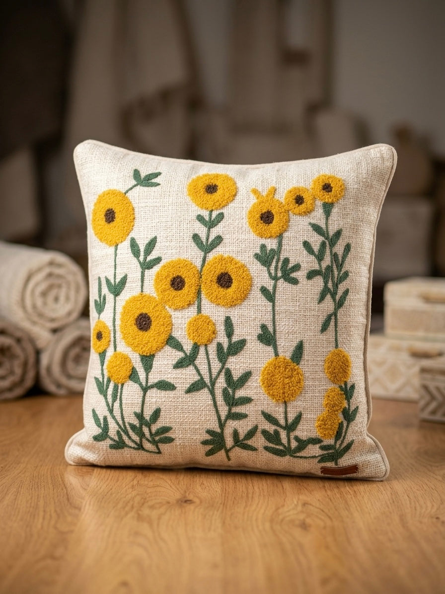 Sunflower Plant Embroidered Cushion Cover