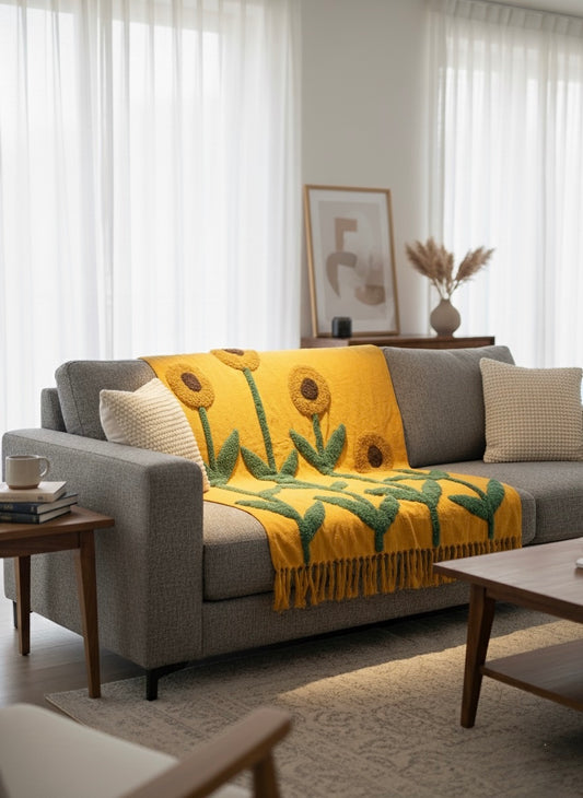Mustard Sunflower Tufted Sofa Throw