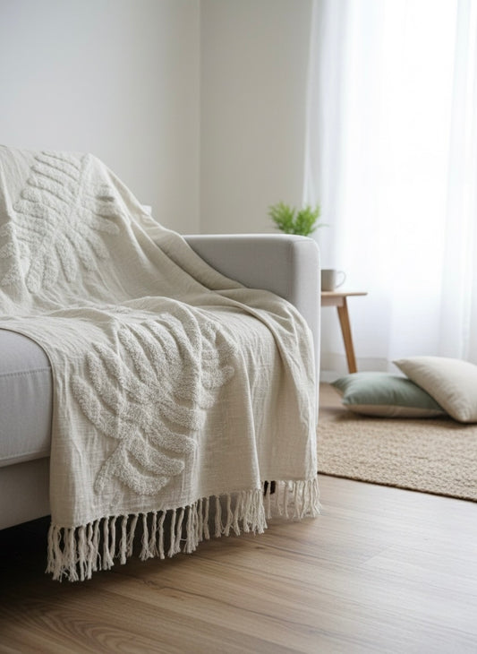 Off-white White Leaf Tufted Sofa Throw